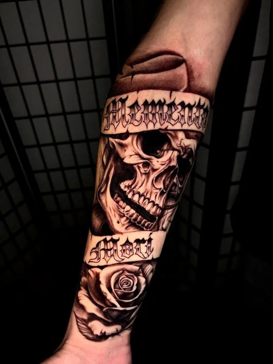 Big Black and Grey Memento Mori Skull Rose Banner on Men Forearm Tattoo by @thatssoregantattoos