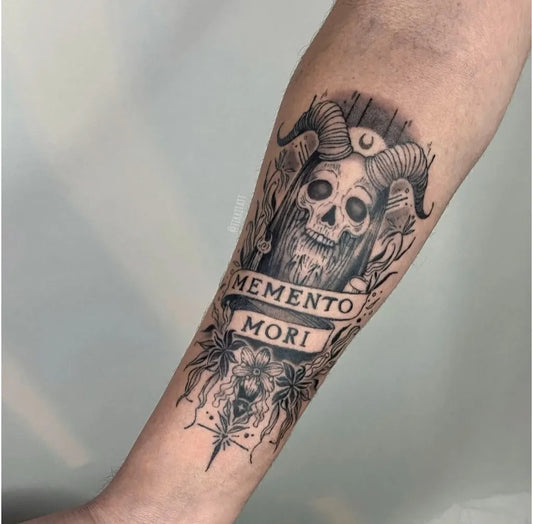 Big Black and Grey Memento Mori Skull on Men Arm Tattoo by @offthegroundink