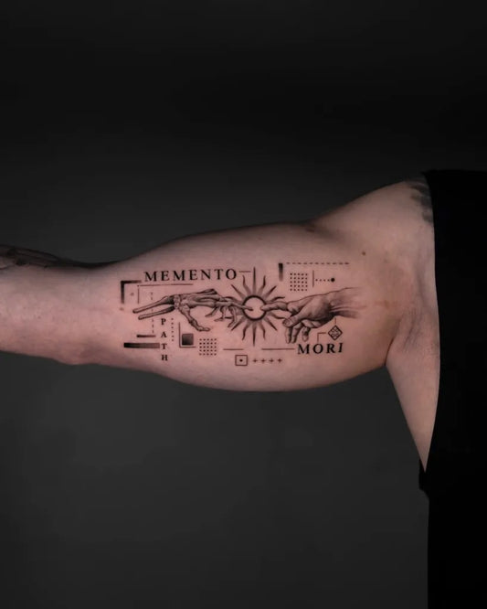 Big Black and Grey Memento Mori on Men Arm Tattoo by @yuliia_ink