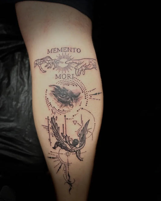 Big Black and Grey Memento Mori on Men Thigh Tattoo by @bartova_art