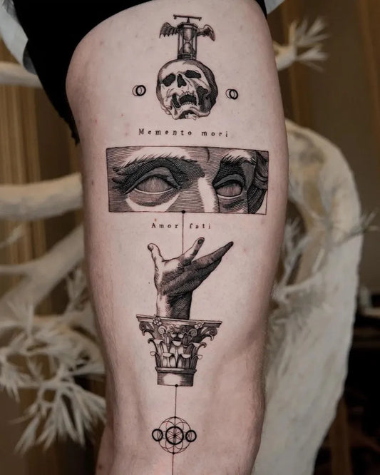 Big Black and Grey Memento Mori skull hand crown on Men Thigh Tattoo by @theartoftattooingofficial