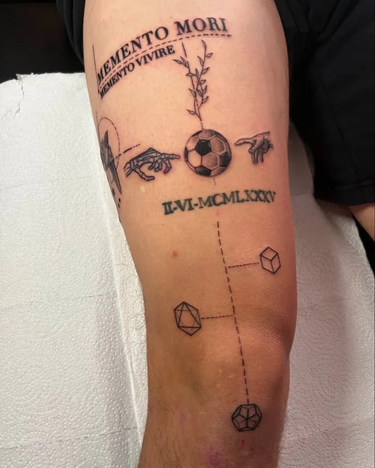 Big Black and Grey Memento Mori soccer ball hands on Men Arm Tattoo by @andrik_garcia10