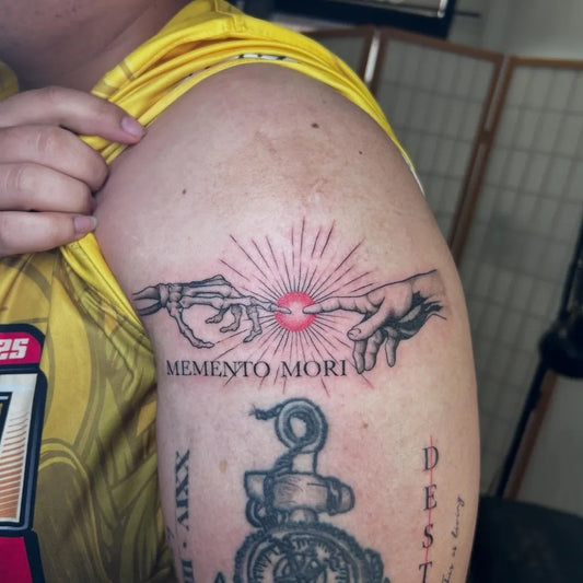 Big Black and Grey MementoMoriHandsSun on Men Arm Tattoo by @black_dottattoo