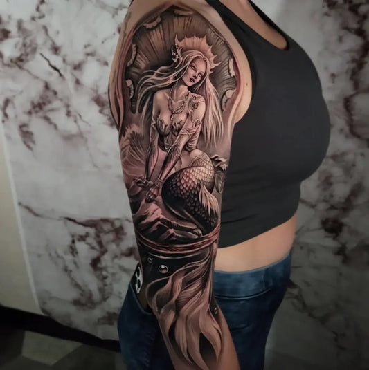 Big Black and Grey Mermaid Tattoo on Women Arm by @gagecheesmantattoos