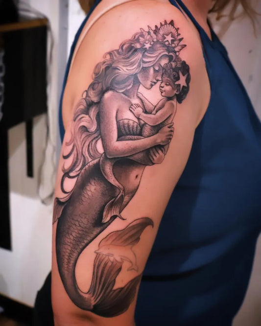 Big Black and Grey Mermaid and Child Tattoo on Women Arm by @missmarshall_tattoos