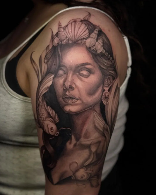 Big Black and Grey Mermaid with Koi and Seashells Tattoo on Women Shoulder by @nansee.drew.this
