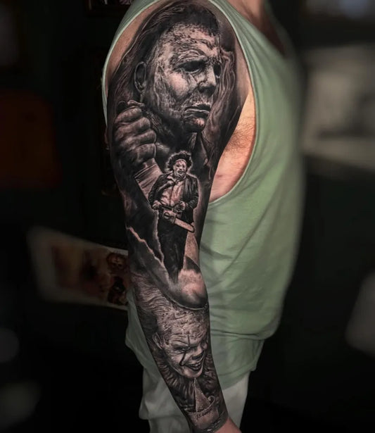 Big Black and Grey Michael Myers Horror Tattoo on Men Arm by @paul_la_vey_tattoo
