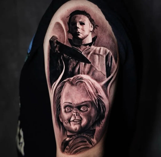 Big Black and Grey Michael Myers and Chucky Horror Tattoo on Men Arm by @slasher31studio