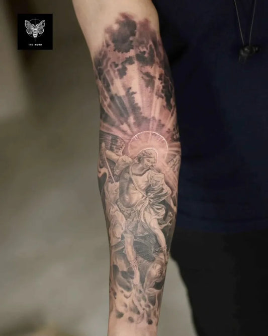 Big Black and Grey Michael the Archangel Defeating Dragon Tattoo on Men Inner Arm by @abhijitvarpe
