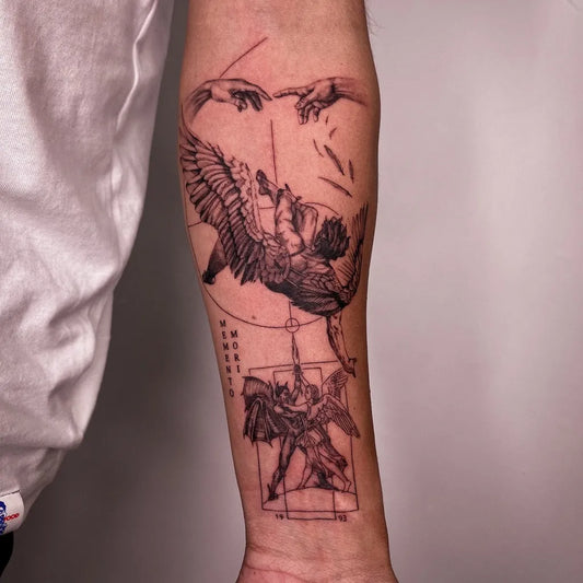 Big Black and Grey Michelangelos Creation on Adam Men Arm Tattoo by @chantal.batallanos