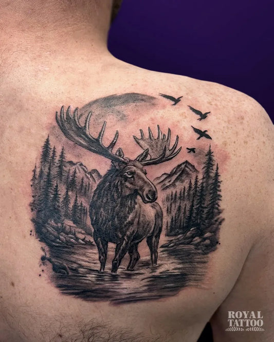 Big Black and Grey Moose Mountains Birds Tattoo on Men Shoulder by @royaltattooyyc