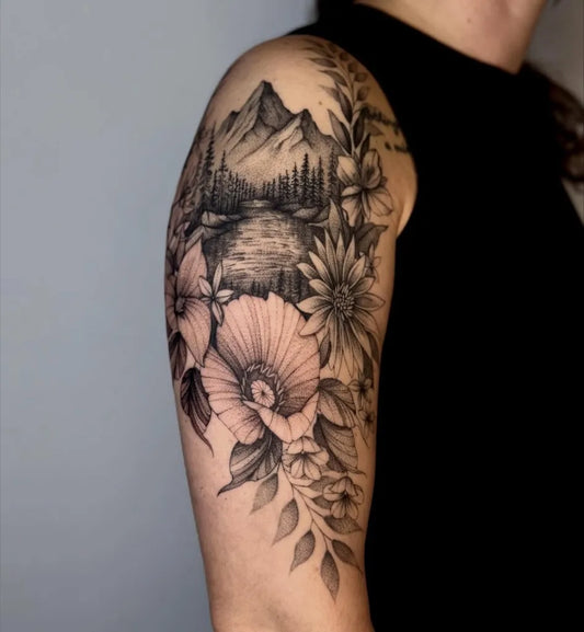 Big Black and Grey Mountain Flowers Tattoo on Women Shoulder by @tattoosbystaci