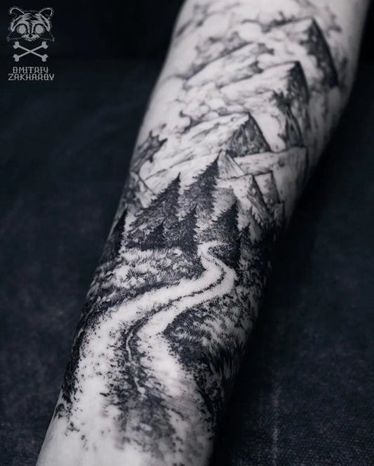 Big Black and Grey Mountain Forest Path Tattoo on Men Arm by @dmitriyzakharov