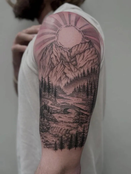Big Black and Grey Mountain Forest River Tattoo on Men Arm by @otautahitattooqueenstown
