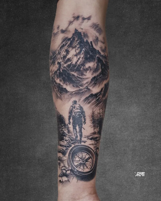Big Black and Grey Mountain Hiker with Compass Military Tattoo on Men Arm by @klatattoos
