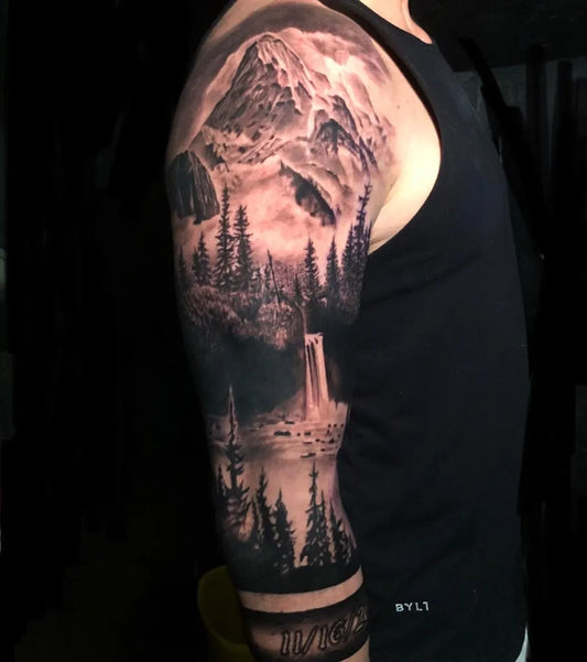 Big Black and Grey Mountain Landscape Tattoo on Men Arm by @matbarboa_tattoos