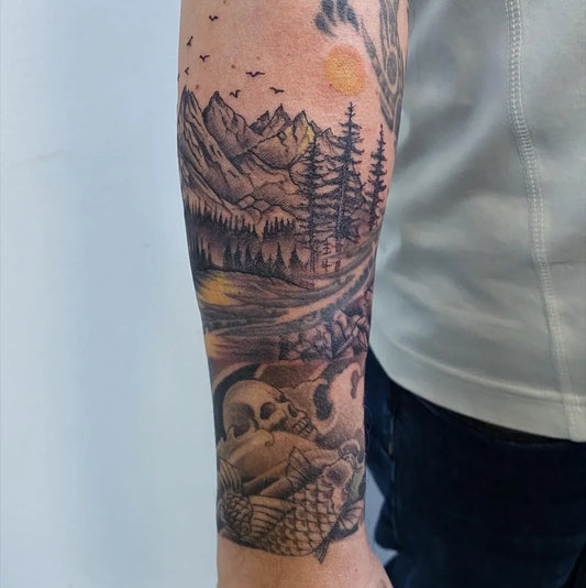 Big Black and Grey Mountain Skull Koi Tattoo on Men Arm by @magdalenasky