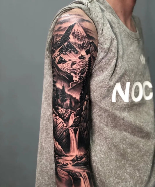 Big Black and Grey Mountain Waterfall Forest Full Sleeve Tattoo on Men Arm by @green_inktattoo