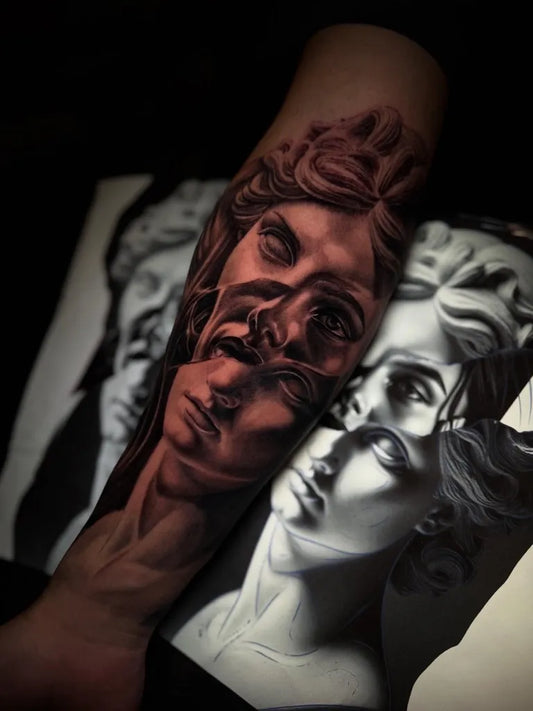 Big Black and Grey Multiple Overlapping Female Faces Tattoo on Men Arm by @nuelramos