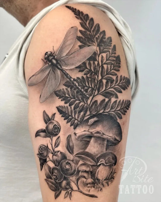 Big Black and Grey Mushroom Dragonfly Fern on Men Arm Tattoo by @artbitetattoo