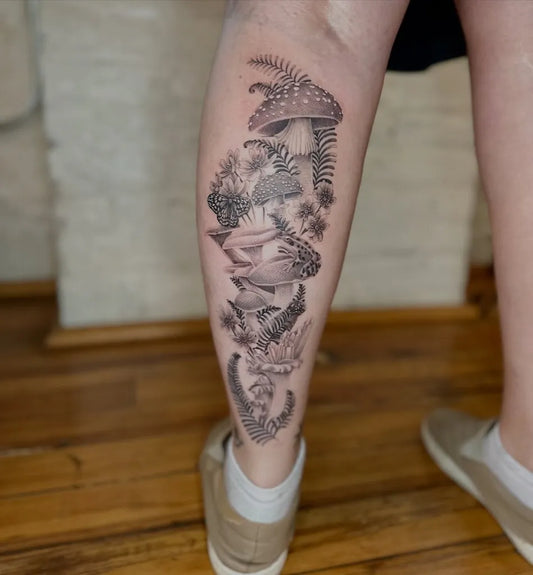 Big Black and Grey Mushroom Ferns Fish on Women Leg Tattoo by @high.onart