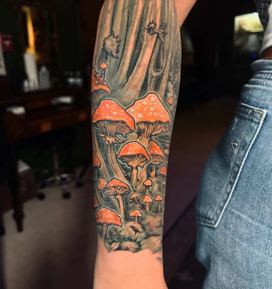 Big Black and Grey Mushrooms and Forest on Women Arm Tattoo by @culturexvulture