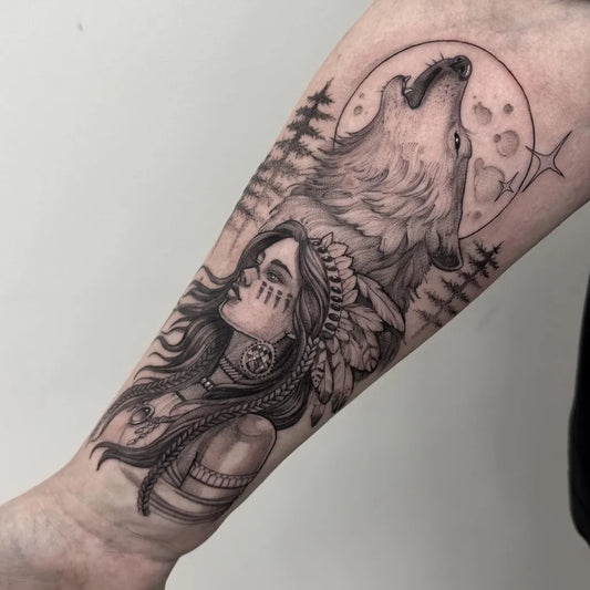 Big Black and Grey Native Woman and Wolf Spiritual Tattoo on Women Arm by @laulau_tattoo