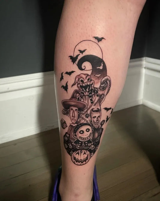 Big Black and Grey Nightmare Before Christmas Characters Tattoo on Women Calf by @inkbyhannah