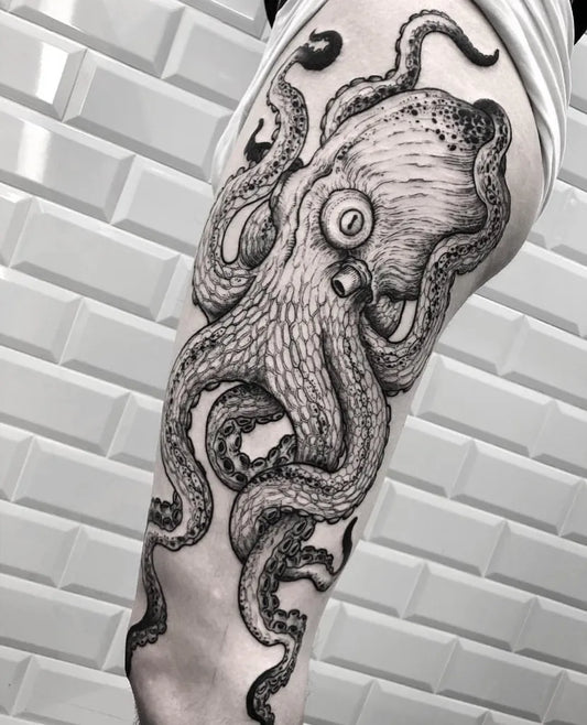 Big Black and Grey Octopus Nautical Tattoo on Men Thigh by @outofstepbooks