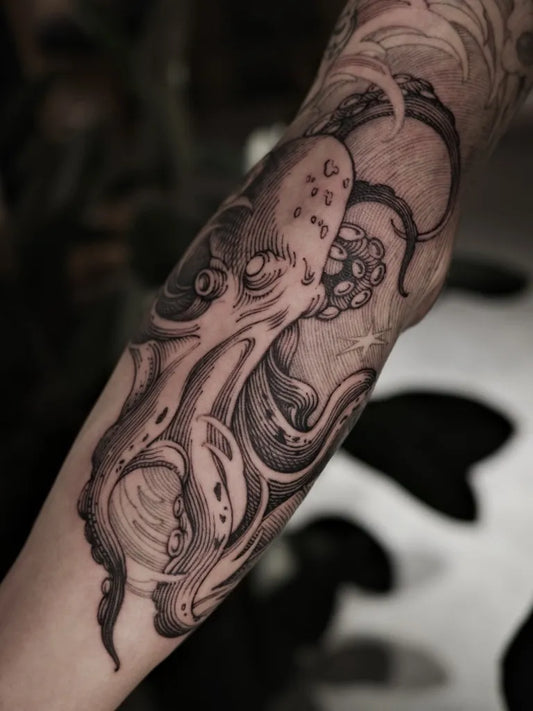 Big Black and Grey Octopus Tattoo on Men Arm by @octopvs.ink
