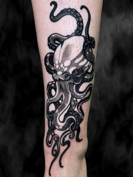 Big Black and Grey Octopus Tattoo on Men Arm by @stefb_tattoos