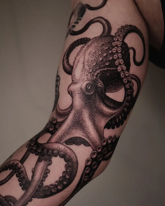 Big Black and Grey Octopus Tattoo on Men Arm by @taesin___