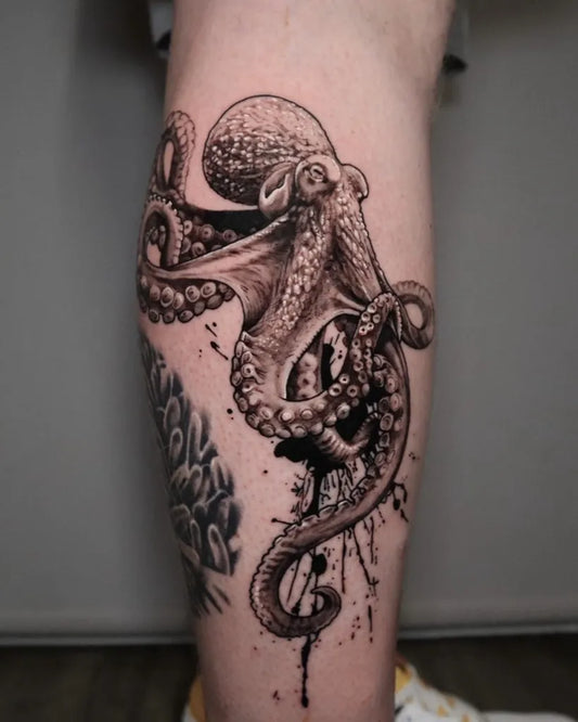 Big Black and Grey Octopus Tattoo on Men Leg by @robinlivesey