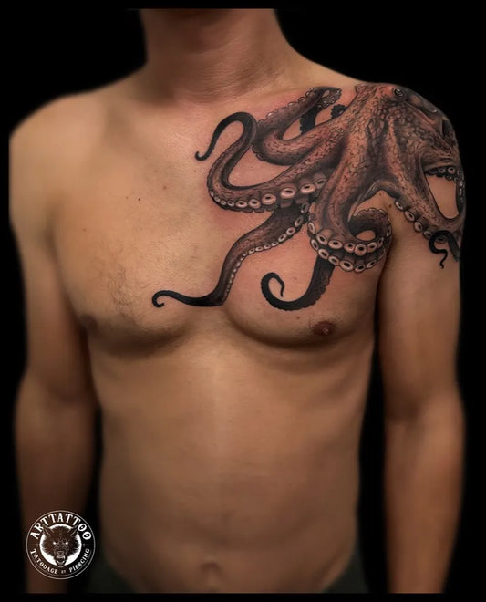 Big Black and Grey Octopus Tattoo on Men Shoulder by @arttattoobruno