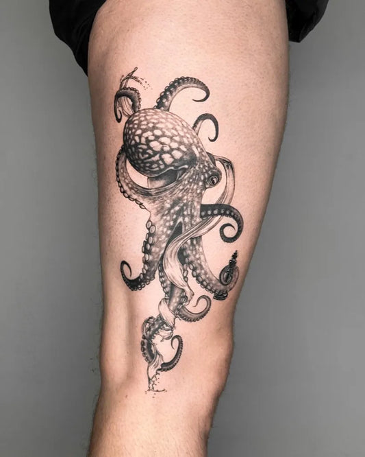Big Black and Grey Octopus Tattoo on Men Thigh by @bjoern_holtappels_tattoo