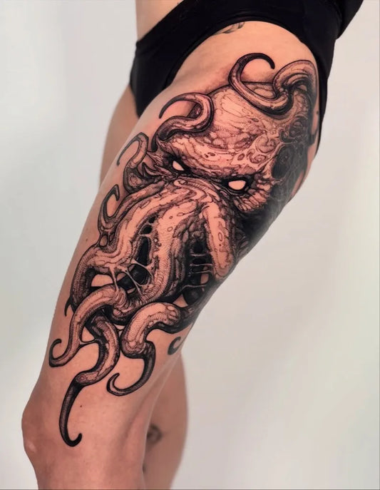 Big Black and Grey Octopus Tattoo on Women Thigh by @sootskin
