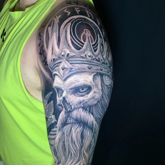 Big Black and Grey Odin Portrait Tattoo on Men Upper Arm by @tyler_cityofgold
