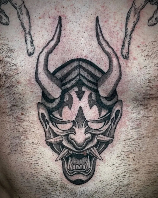 Big Black and Grey Oni Mask on Men Chest Tattoo by @mv_tattooer