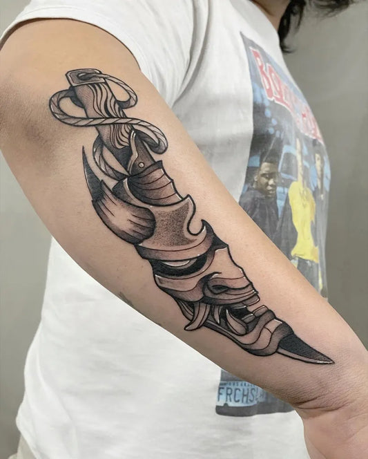 Big Black and Grey Oni Mask with Dagger on Men Arm Tattoo by @marcucho32