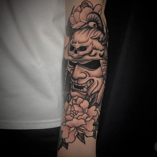 Big Black and Grey Oni Mask with Peony and Flowers on Men Arm Tattoo by @realarttattoo