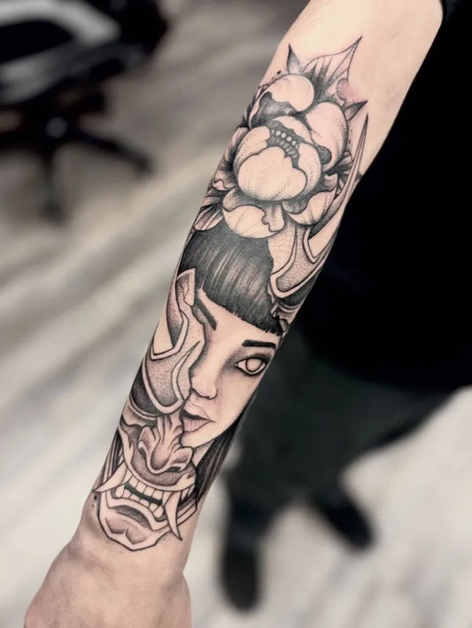 Big Black and Grey Oni Mask with Peony and Woman on Women Arm Tattoo by @goldlightsaber