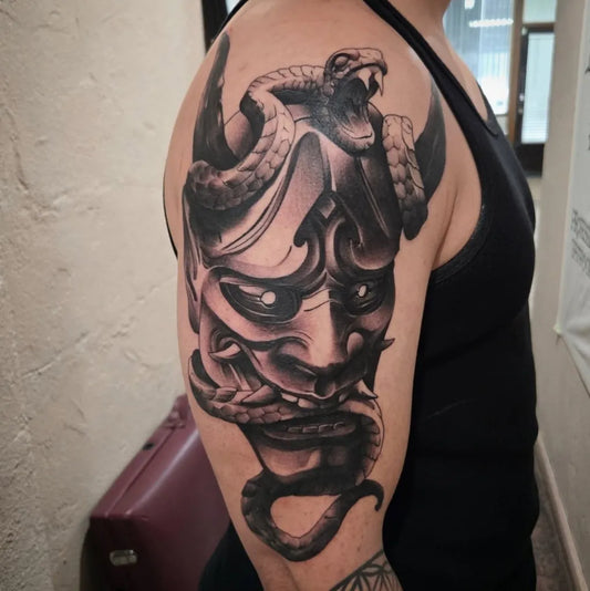 Big Black and Grey Oni Mask with Snake on Men Arm Tattoo by @alfonsoharte
