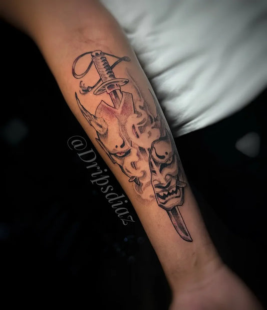 Big Black and Grey Oni Mask with Sword on Men Arm Tattoo by @dripsdiaz