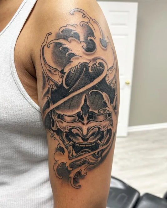 Big Black and Grey Oni Mask with Waves on Men Arm Tattoo by @bneazzy