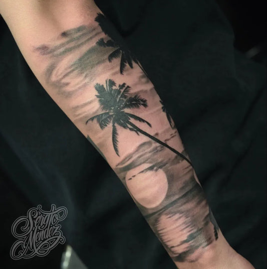 Big Black and Grey Palm Tree Sunset Tattoo on Men Arm by @tattoosbysergiomendez