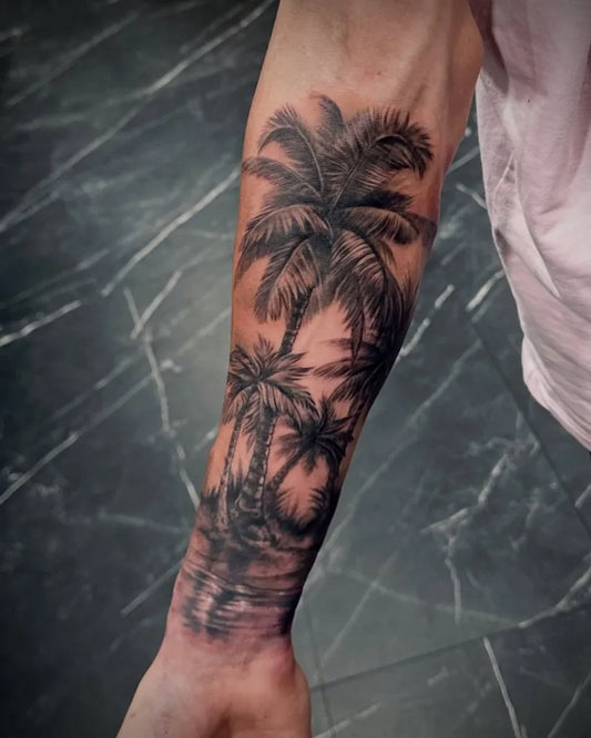 Big Black and Grey Palm Trees and Landscape Tattoo on Men Arm by @inksterchad