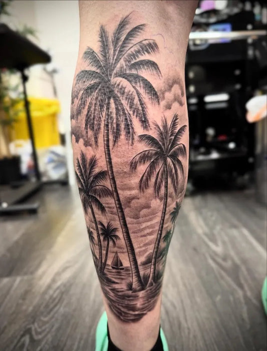 Big Black and Grey Palm Trees and Sunset Tattoo on Men Leg by @le_art_tattoo