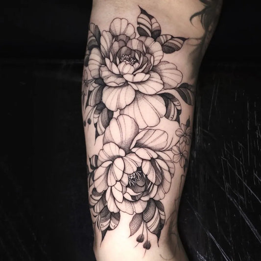 Big Black and Grey Peonies Tattoo on Women Inner Arm by @heathertattoos_