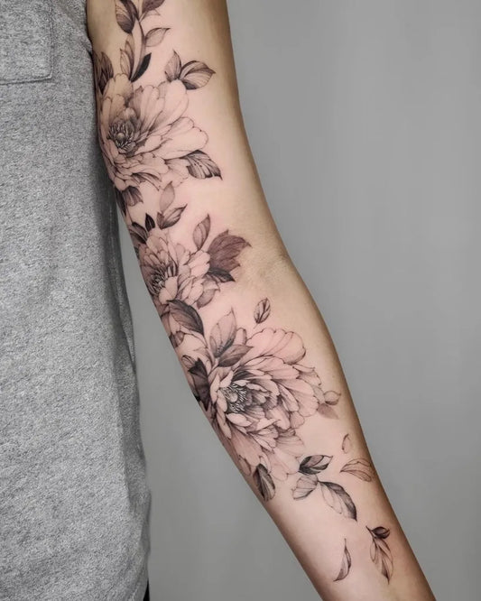 Big Black and Grey Peonies and Leaves Tattoo on Women Inner Arm by @jimtran_floral