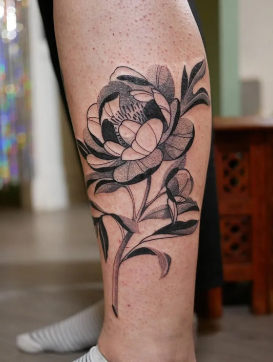 Big Black and Grey Peony Flower and Leaves on Women Thigh Tattoo by @marinelise
